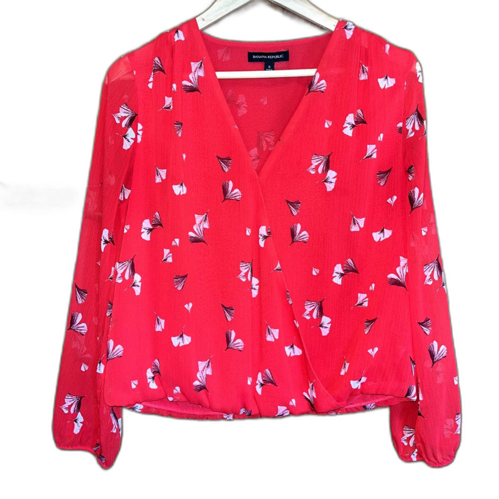 Banana Republic Red Crossover Blouse Flowy Sheer Sleeve Boho Western size S